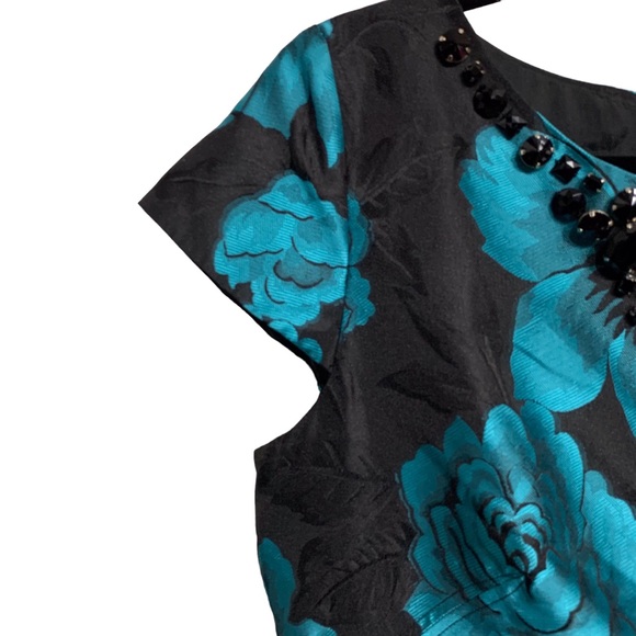 VINTAGE ELIZA J. BLACK & TEAL-BLUE BOAT NECK EMBELLISHED JACQUARD  RHINESTONE - Picture 10 of 16